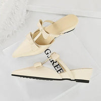 French Wedge Heel Pointed Head Sandals Versatile Bow Medium Heel Half Slippers Women