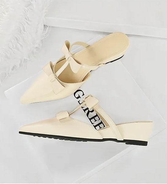 French Wedge Heel Pointed Head Sandals Versatile Bow Medium Heel Half Slippers Women