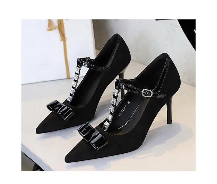 Banquet Bow Rivet T-button Pointed Head High Heel Women's Single Shoes