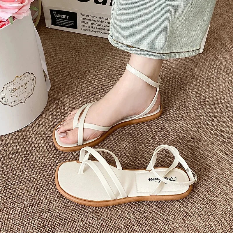 Women's Roman Style Toe Post Sandals Crossbody Flat Bottom Slippers Outdoor Fashionable PVC Material Slip-On Shoes - Natalia Home Fashion