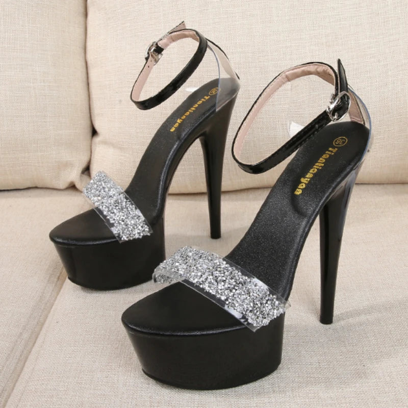Fine Heel Crystal Women's Sandals Summer New 14.5 Cm High Heels Sexy Comfortable Ladies Wedding Shoes Catwalk Pole Dance