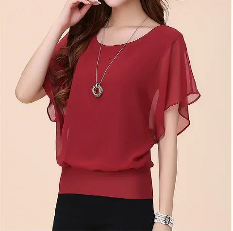 New Spring Summer 2024 Plus Size Women's Clothing Chiffon Short Sleeve Bat Wing Shirt Loose Fit Slimming T-Shirt For Women Natalia Home Fashion    Natalia Home Fashion
