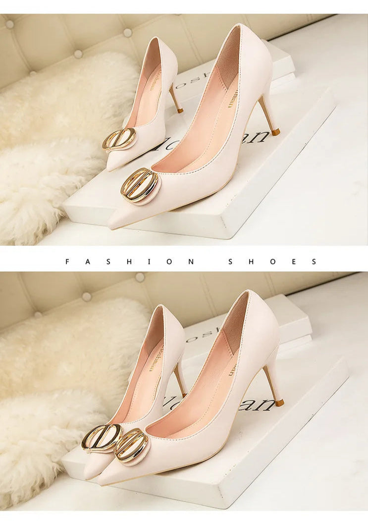 Sexy Women's Stiletto High Heels Shallow Mouth Pointed Toe Metal Buckle Party Single Shoes