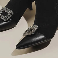 Fashionable Slim Fit Diamond Decorated Pointed Toe High Heel Bootie Mid-Calf Zipper Closure Leather Boot for Women
