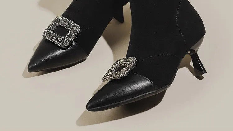 Fashionable Slim Fit Diamond Decorated Pointed Toe High Heel Bootie Mid-Calf Zipper Closure Leather Boot for Women