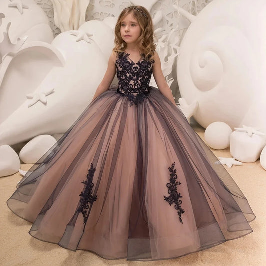 2024 Black Lace Flower Girl Dresses For Party Elegant Sleeveless Tulle V Neck Girls Pageant Princess Birthday Dress Natalia Home Fashion    Natalia Home Fashion