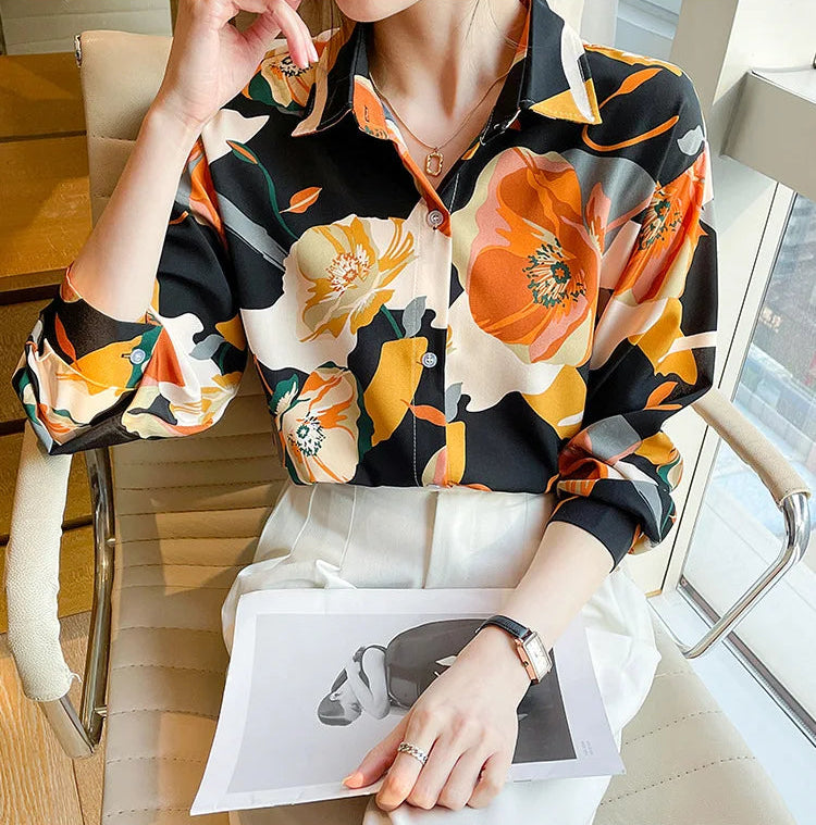 Vintage Style for Women Long Sleeve Flower Printed Spring Autumn semi formal Style Elegant Single Breasted Shirt