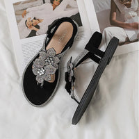 Womens Bohemian Floral Rhinestone Sandals Elegant Crystal Flower Décor Elastic Ankle Strap Soft Cushioned Insole Non Slip Sole