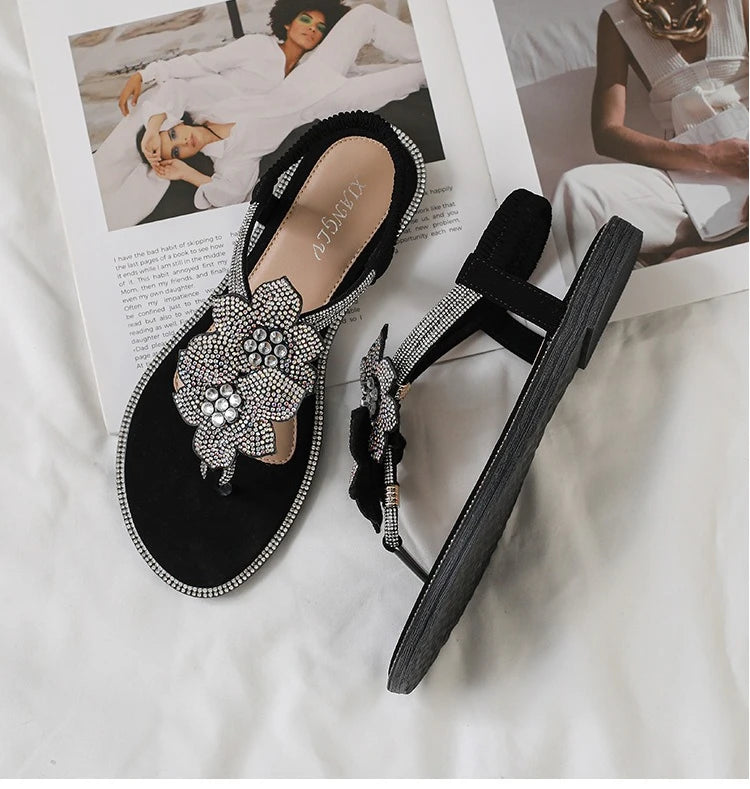 Womens Bohemian Floral Rhinestone Sandals Elegant Crystal Flower Décor Elastic Ankle Strap Soft Cushioned Insole Non Slip Sole