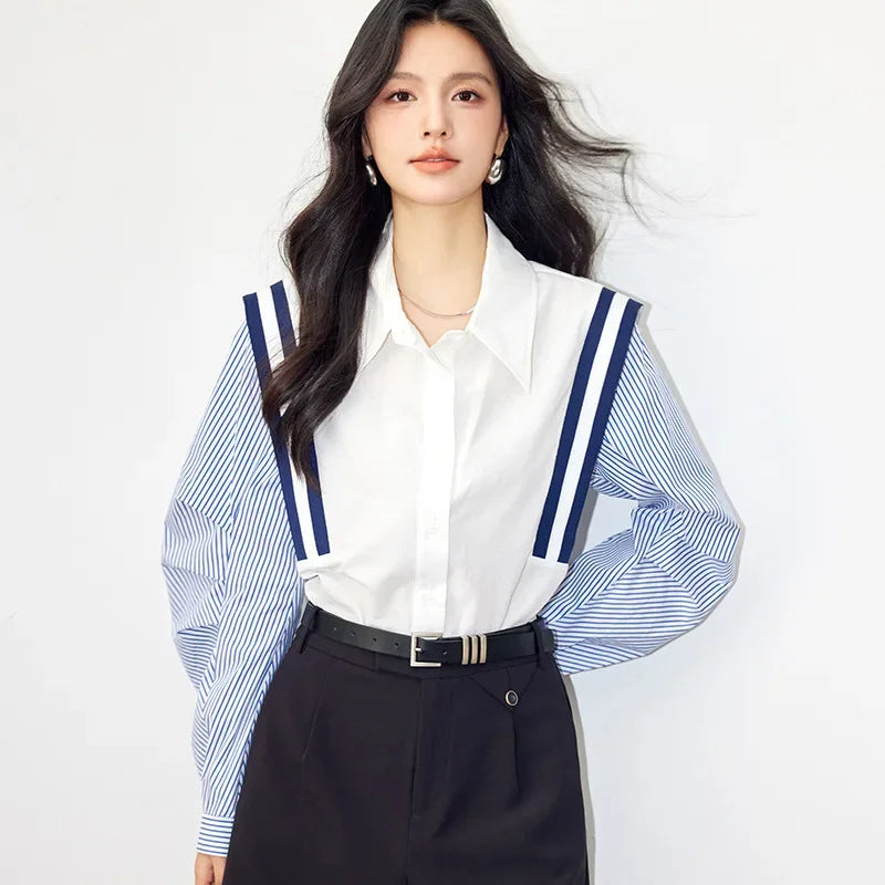 Style French Color Blocking Striped Shirt Long Sleeve Slimming Elegant Fashionable Shirt Women's Blouse