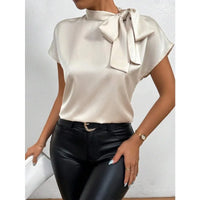 Women's Satin Short-Sleeve Blouse with Tie Collar Large Bow