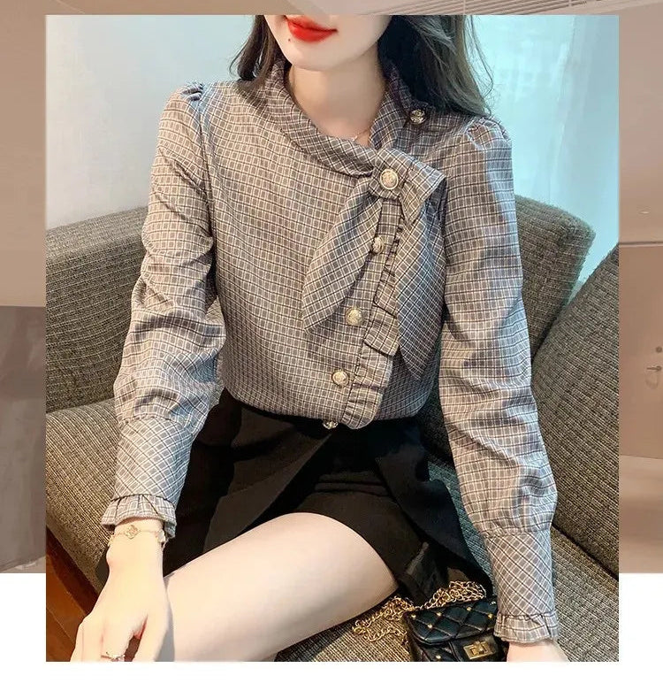 Elegant Plaid Long Sleeve Women's Shirt Vintage Design Simple Style Ageless Fashionable Top Quality Material