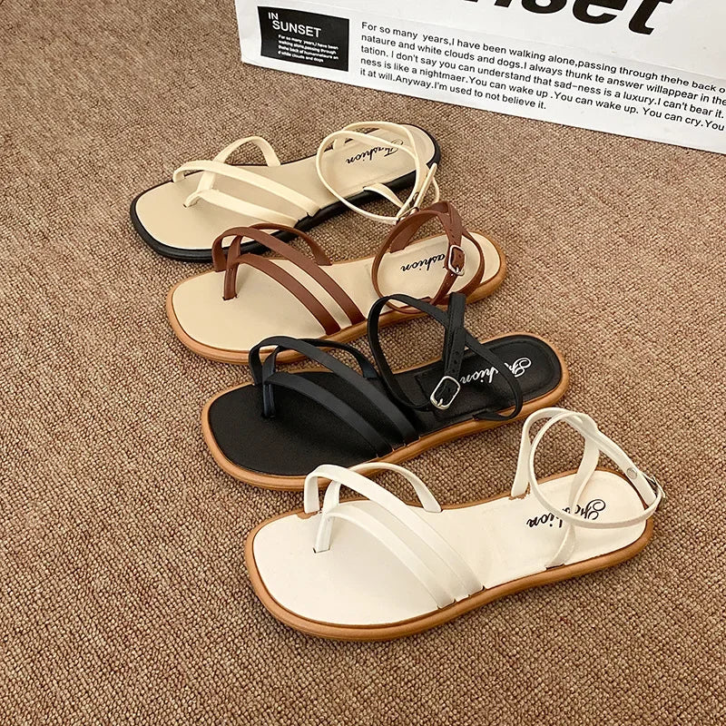 Women's Roman Style Toe Post Sandals Crossbody Flat Bottom Slippers Outdoor Fashionable PVC Material Slip-On Shoes - Natalia Home Fashion