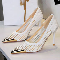 Fashion Metal Decoration Pointed Toe Pumps Woman Thin Heels Sexy Hollow Out Ladies Shoes