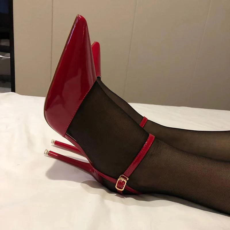 Women 10.5cm High Heels Sandals Lady Metallic Gray Patent Leather Stripper Ankle Strap Sandals Wedding Fetish Nightclub Shoes