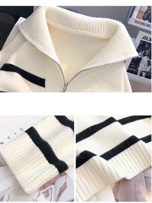 Women's Sweater Interior Short Style Popular High End Fashion Zipper Striped Hoodie Collar Natalia Home Fashion    Natalia Home Fashion