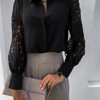 women's solid color lace stitching shirt with Bubble Sleeves embroidery cut out shirt for women