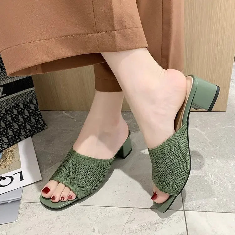 Women Slippers Open Toe Comfort Slippers Women Fashion Fly Weave Outdoor Sandals Women Medium Heel Slippers - Natalia Home Fashion