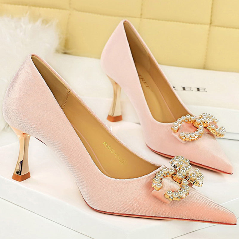 Luxury Women 7cm High Heels Wedding Pumps Lady Luxury Designer Metal Chain Buckle High Heels Stiletto Women Dress Shoes