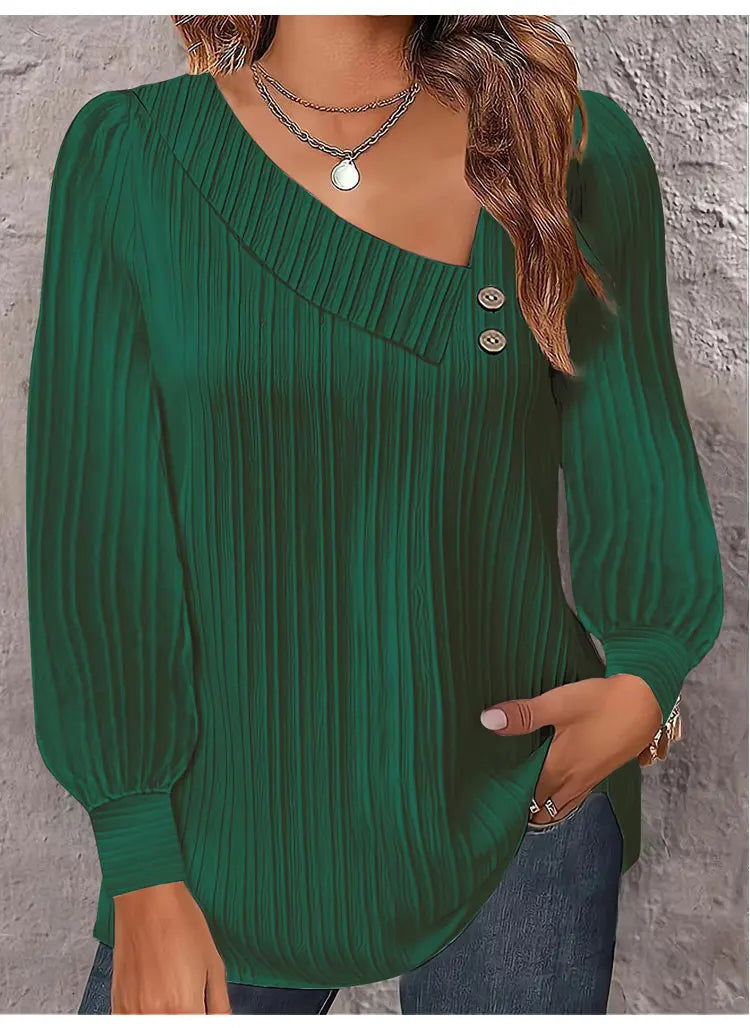 Simple Button V-neck Pullover Women's Solid Long Sleeve Casual T-shirts Elegant Lady Blouses