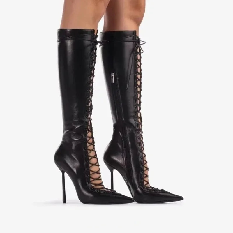 High Quality Lace up Cool Boots Sexy Nightclub Slim High Heel Show Shoes Zipper Boots - Natalia Home Fashion