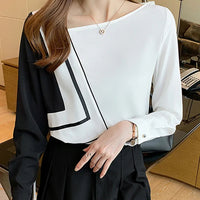 New Long Sleeve Skew Collar Women Blouse Patchwork Chiffon Blouse Shirt Women Tops Blouses Shirts Blusas Para Mujer Camisas A823 Natalia Home Fashion    Natalia Home Fashion