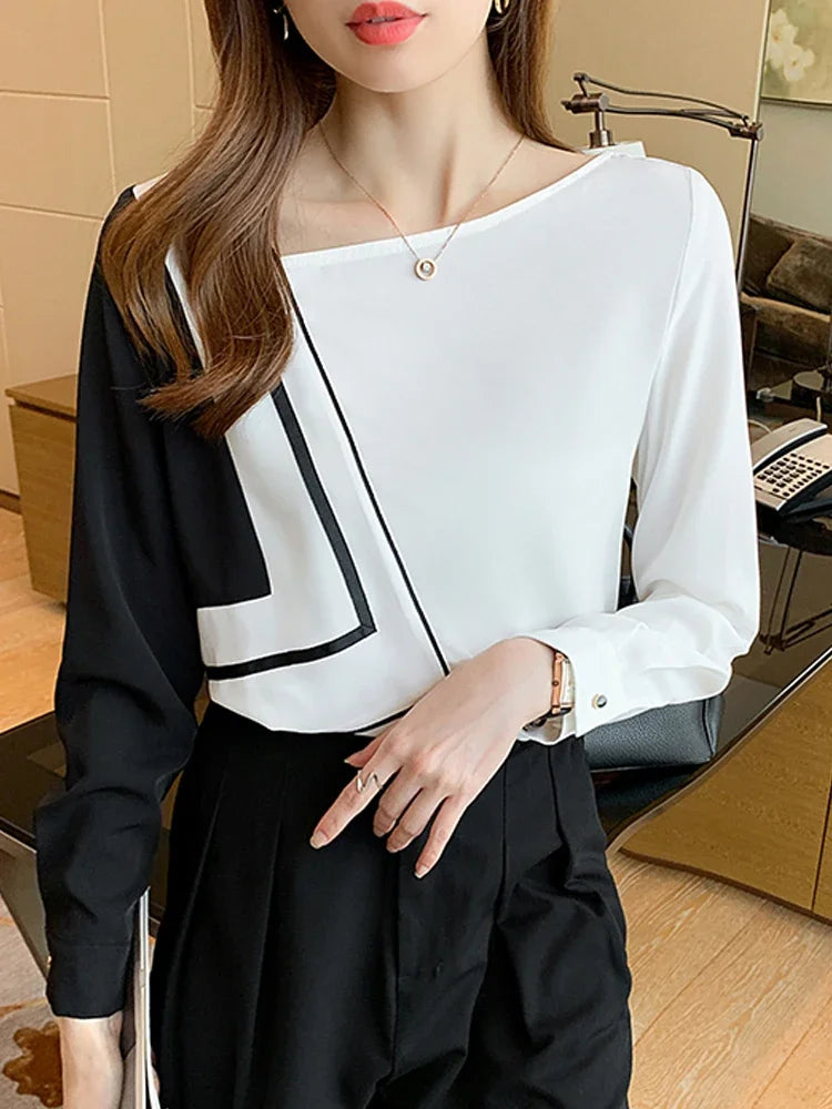 New Long Sleeve Skew Collar Women Blouse Patchwork Chiffon Blouse Shirt Women Tops Blouses Shirts Blusas Para Mujer Camisas A823 Natalia Home Fashion    Natalia Home Fashion