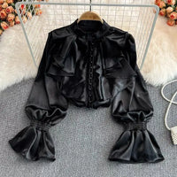 Luxury Ruffle Flared Sleeves Blouse Shirts Women  Retro Blouse Stand Collar French Design Chic Loose Top
