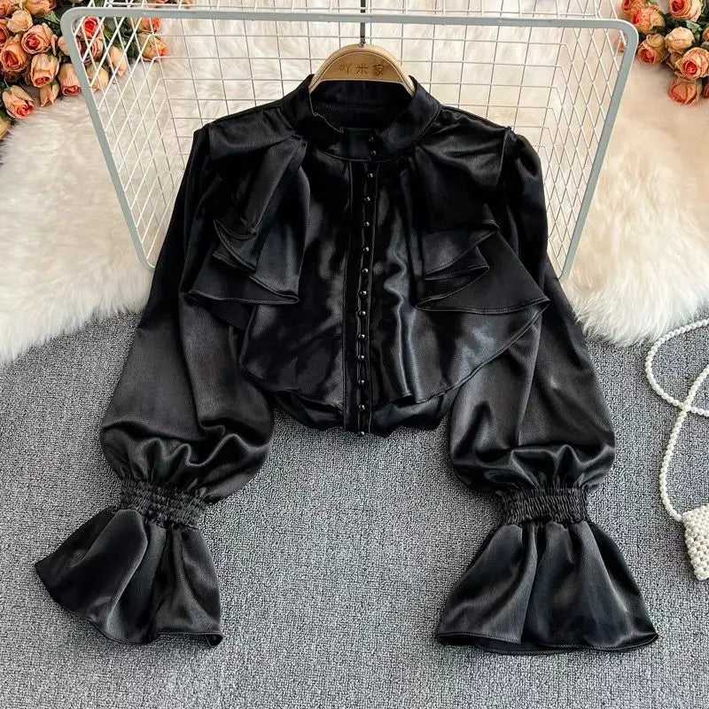 Luxury Ruffle Flared Sleeves Blouse Shirts Women  Retro Blouse Stand Collar French Design Chic Loose Top