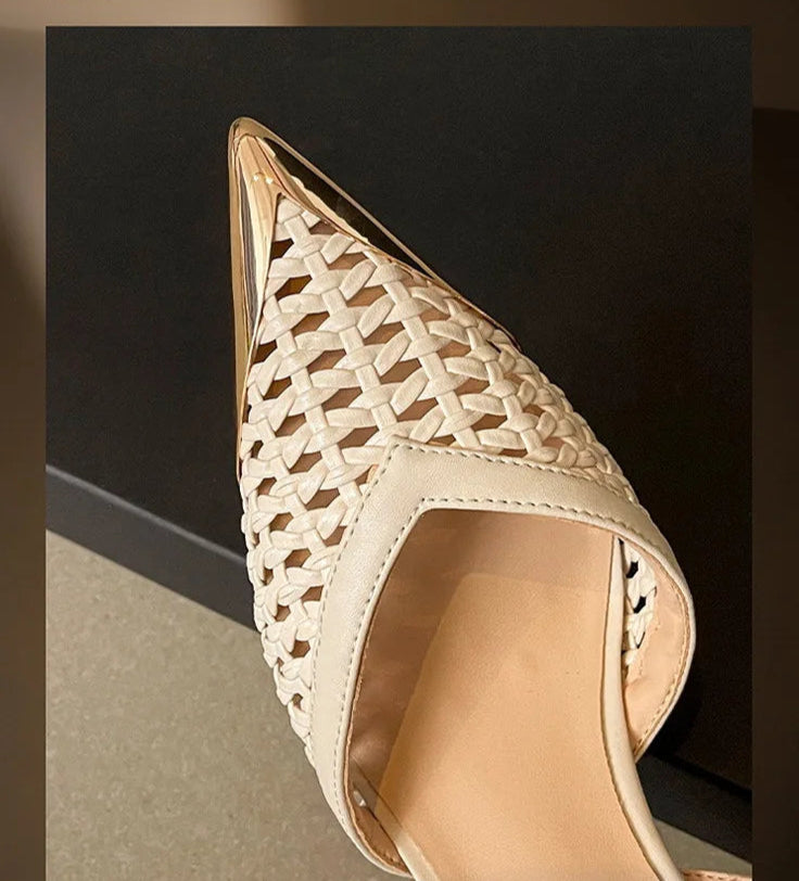 Elegant Hollow Out Woven Stiletto Sandals Women Pointed Toe Metal Straps High Heels