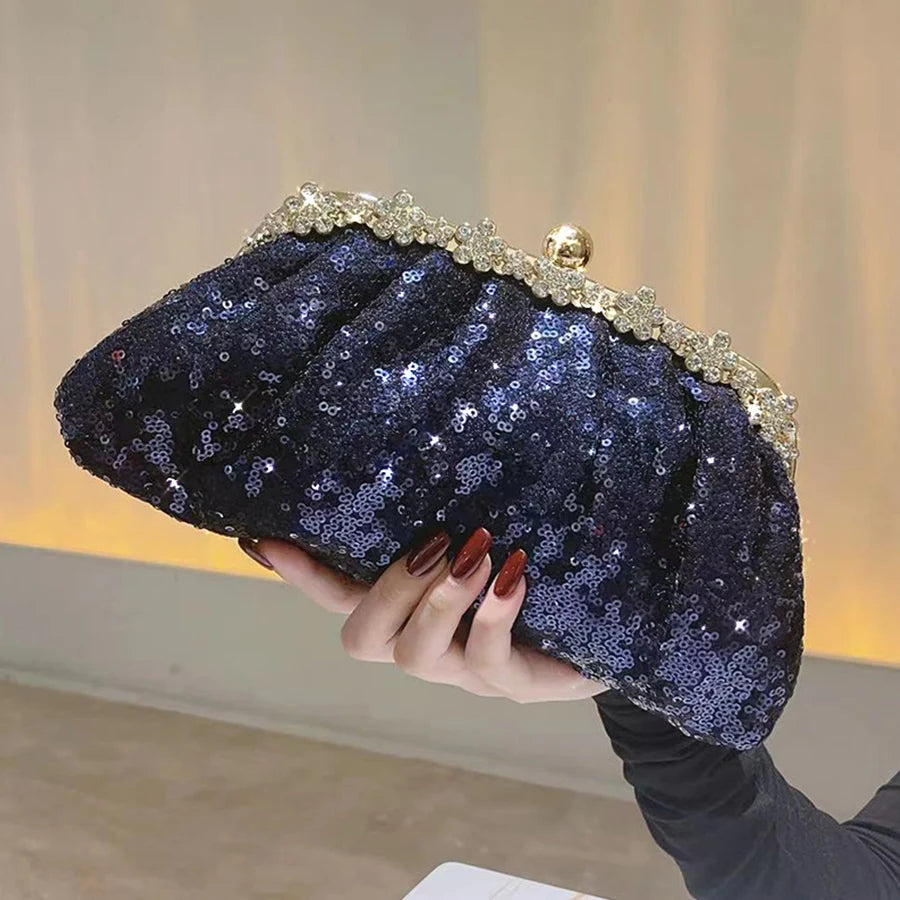 Fashion Sequins Bead Evening Bag Crystal Women Shell Clip Bags Blue Dinner Party Day Diamond Clutch Handbag Chains Shoulder Bags