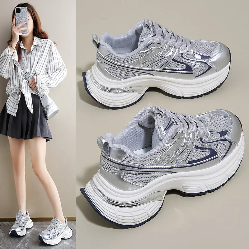 Respirable Thick Bottom Dad Shoes for Women in All Seasons Breathable Fashionable Flat Heel Anti-Odor Casual Footwear