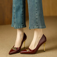 French Style Single Shoes Spring Women Pumps New Pointed Toe Shallow Mouth Metallic Buckle Commuting Shoes Stiletto Single Shoes