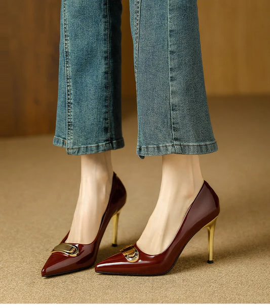 French Style Single Shoes Spring Women Pumps New Pointed Toe Shallow Mouth Metallic Buckle Commuting Shoes Stiletto Single Shoes