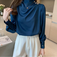 BGTEEVER Stylish Long Sleeve Women Satin Blouses Elegant Loose O-neck Buttons Ladies Pullovers Shirts Tops Spring OL Blusas Natalia Home Fashion    Natalia Home Fashion
