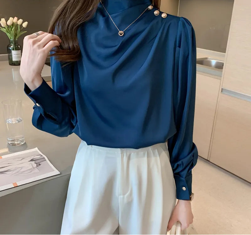 BGTEEVER Stylish Long Sleeve Women Satin Blouses Elegant Loose O-neck Buttons Ladies Pullovers Shirts Tops Spring OL Blusas Natalia Home Fashion    Natalia Home Fashion