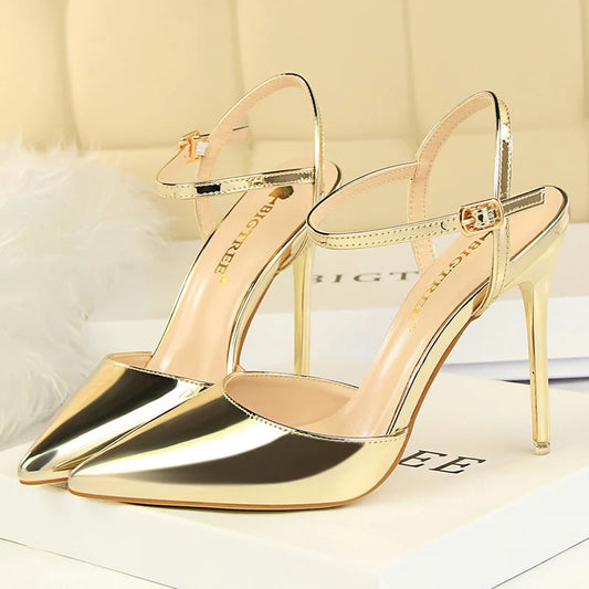 Women 10.5cm High Heels Sandals Lady Metallic Gray Patent Leather Stripper Ankle Strap Sandals Wedding Fetish Nightclub Shoes