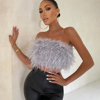 Solid Puffy Fuax Fur Strapless Crop Tops Women Fashion Sexy Furry Chest Wrapped Backless Tube Party Clubwear Vests Streetwear