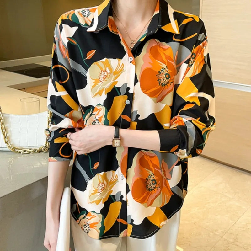 Vintage Style for Women Long Sleeve Flower Printed Spring Autumn semi formal Style Elegant Single Breasted Shirt
