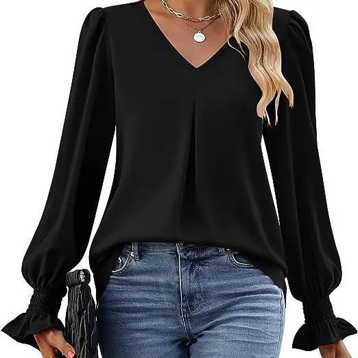 Fashion Simple Solid Color Pullover Shirt Women Loose V-neck Flared Sleeve Shirts Top Female Elegant Commuting Clothing