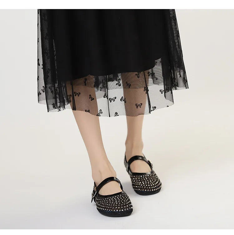 French-style rhinestone mesh Mary Jane shoes, breathable shallow single shoes, fairy-style soft-soled flat shoes