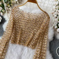 Women Plaids Sequined Embroidery Mesh Spliced T-shirt Slim High Waist Pearls Beaded Gauze Tees O-Neck Long Sleeved Crop Tops