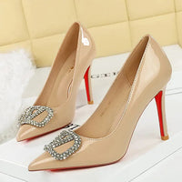 Banquet Pointed High Heels, Shallow Metal Rhinestone Thin Heel Patent Leather High Heels