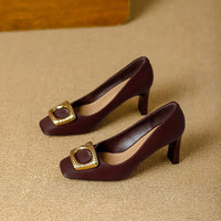 Basic Shallow Square Toe Women Pumps High Quality PU Leather Matte Thick Heel Office Shoes Woman Maroon 7CM High Heels