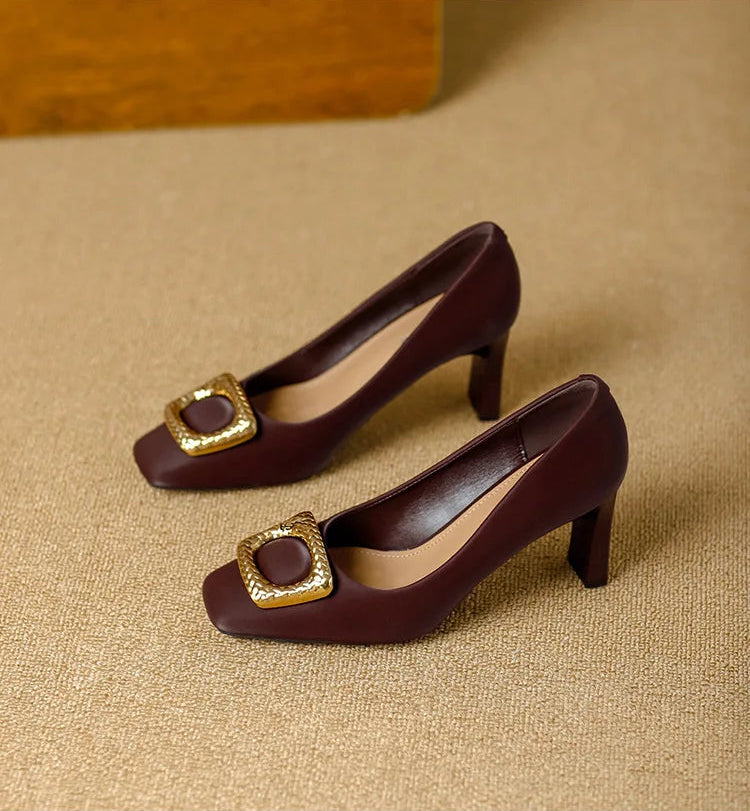 Basic Shallow Square Toe Women Pumps High Quality PU Leather Matte Thick Heel Office Shoes Woman Maroon 7CM High Heels