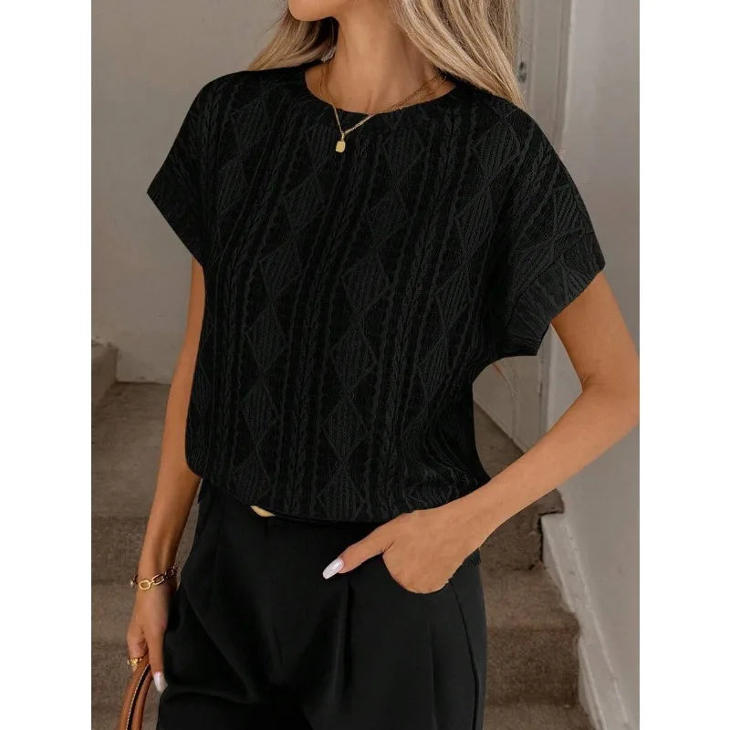 Women's Casual Round Neck Jacquard Short Sleeve Top T-shirt Leisure Commute Women Clothing