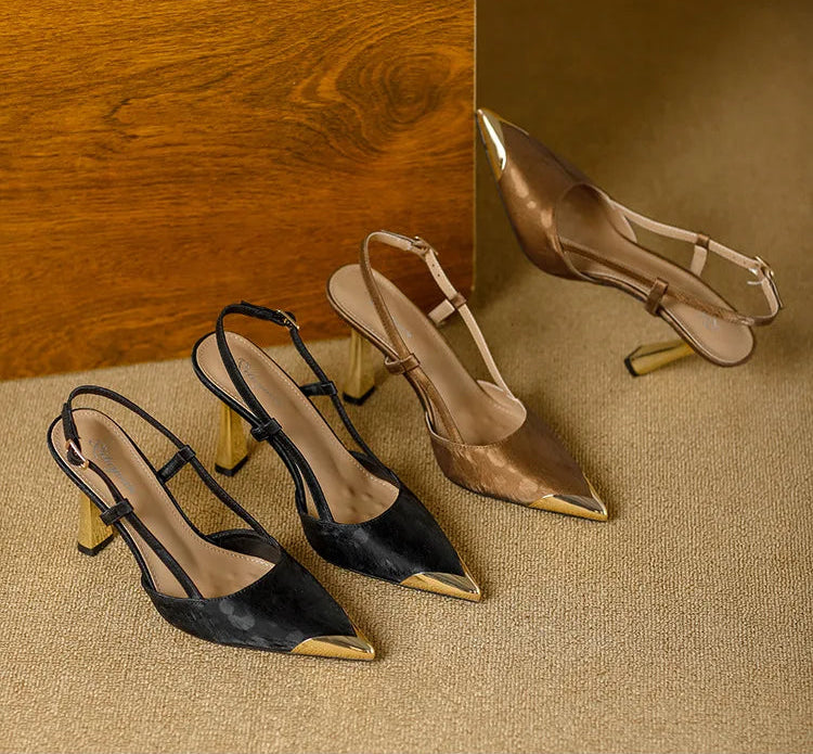 Women's Pumps Sexy Stiletto Sandals Fashion Metallic Pointed Toe Rear Hollow Out High Heels Single Shoes Lady Sandals