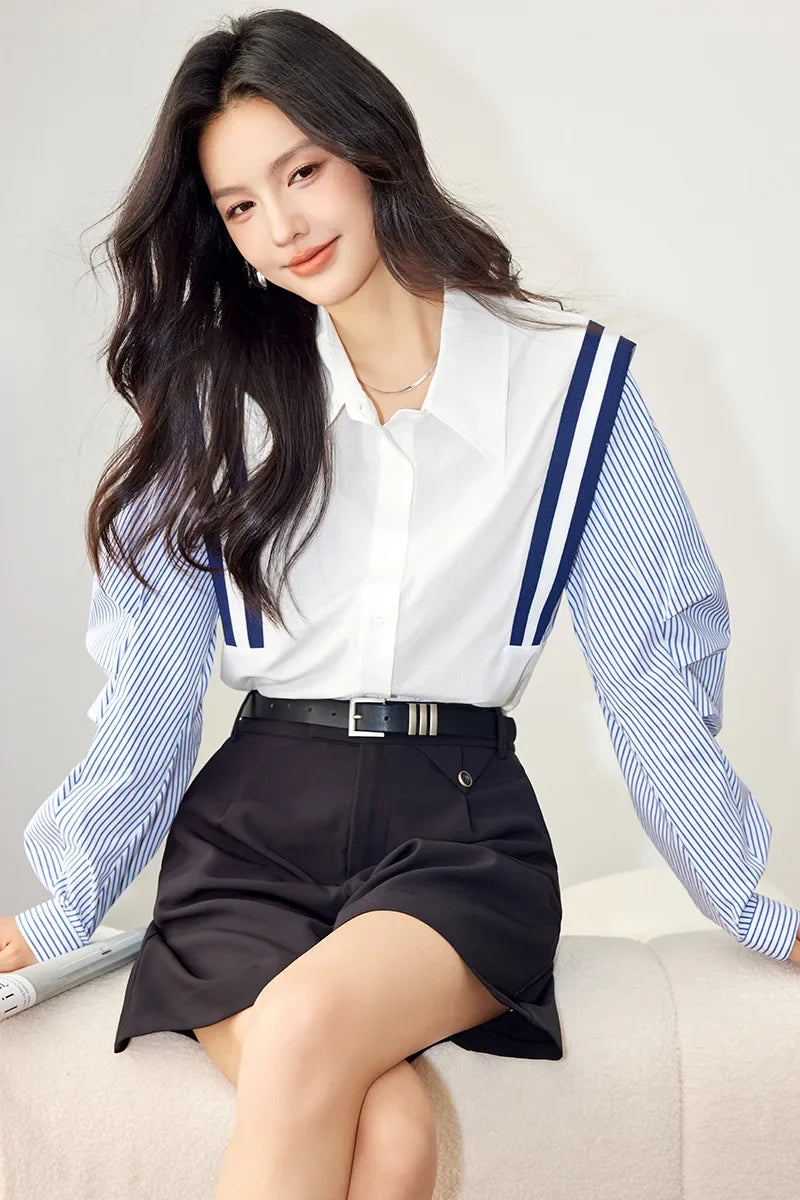 Style French Color Blocking Striped Shirt Long Sleeve Slimming Elegant Fashionable Shirt Women's Blouse
