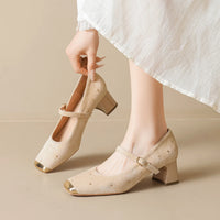 Retro Square Head Mary Jane Shoes Women Comfortable Slip-On High Heels Casual Velvet Upgraded Rubber Sole