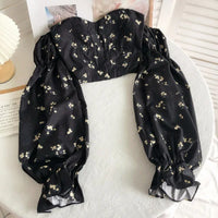 Chic Crop Tops Blouses Women Sexy Lady Slash Neck Flare Sleeve Floral Sweet Long Sleeve Crop top Shirts